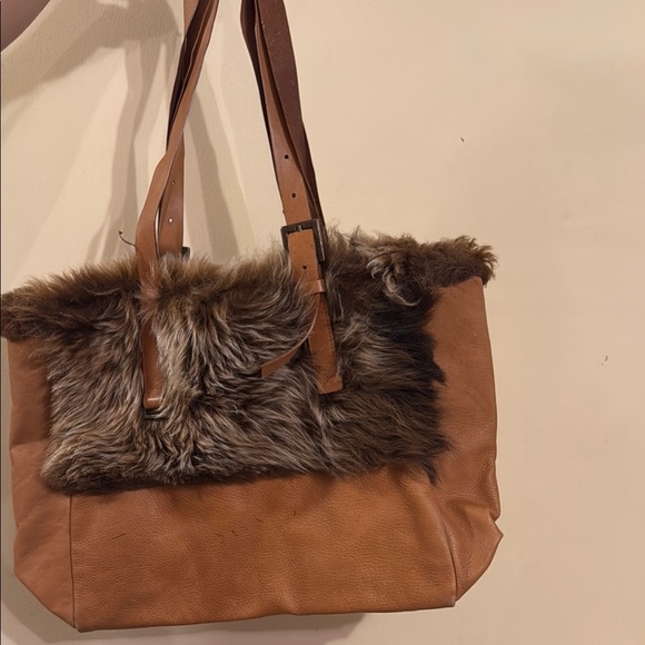Falor Brown Faux Fur Tote Bag genuine leather - Picture 1 of 12